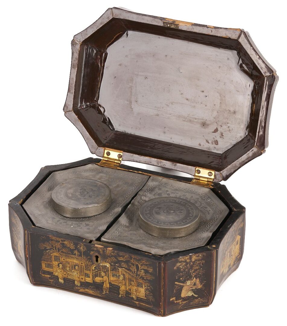 Lot 724: Chinese Export Lacquer Tea Caddy &  English Lacquer Jewelry Box