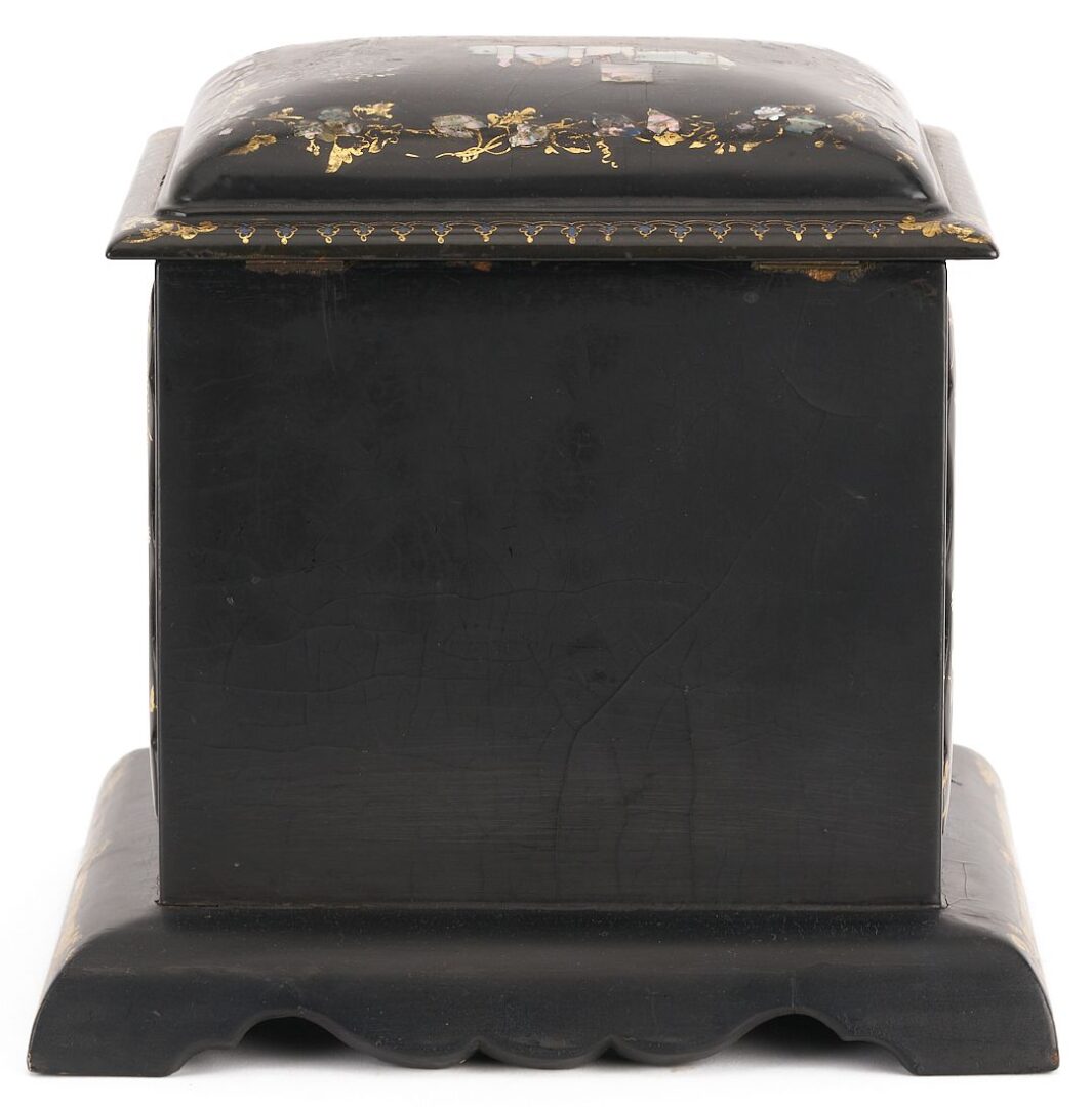 Lot 724: Chinese Export Lacquer Tea Caddy &  English Lacquer Jewelry Box