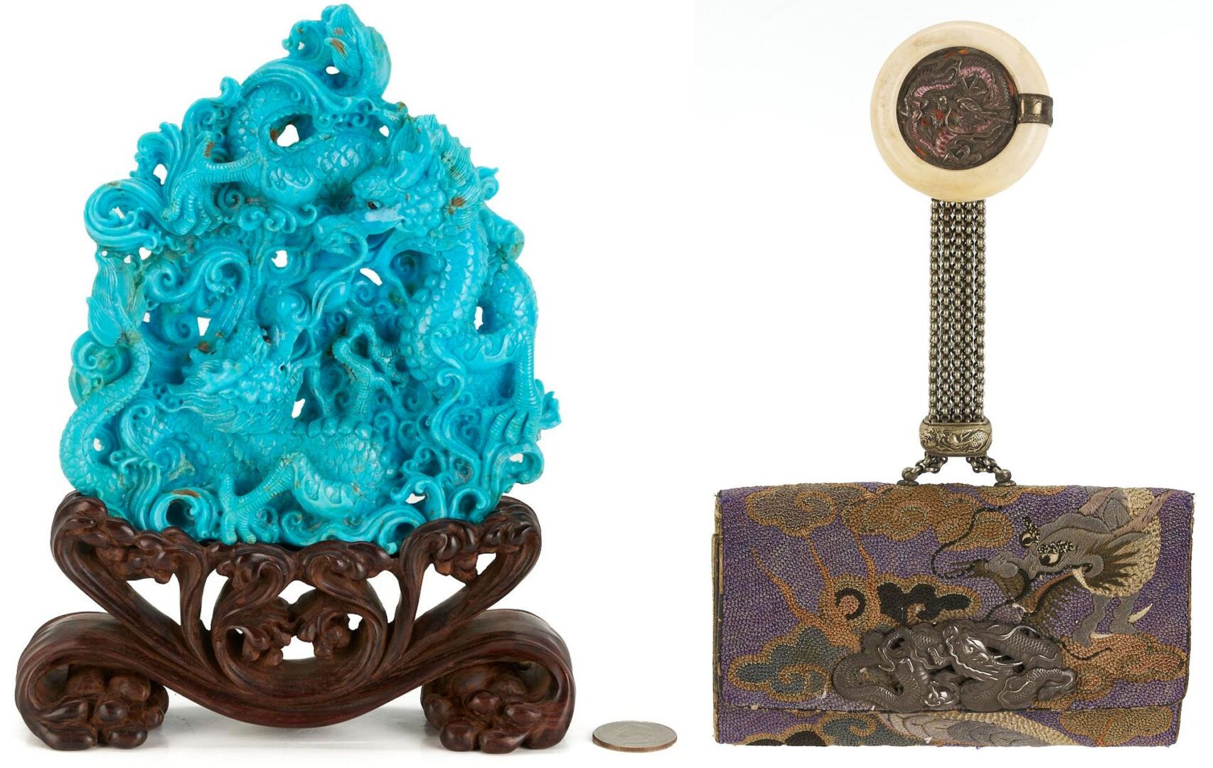 Lot 727: Chinese Carved Turquoise Dragon Sculpture & Japanese Leather Tobacco Pouch
