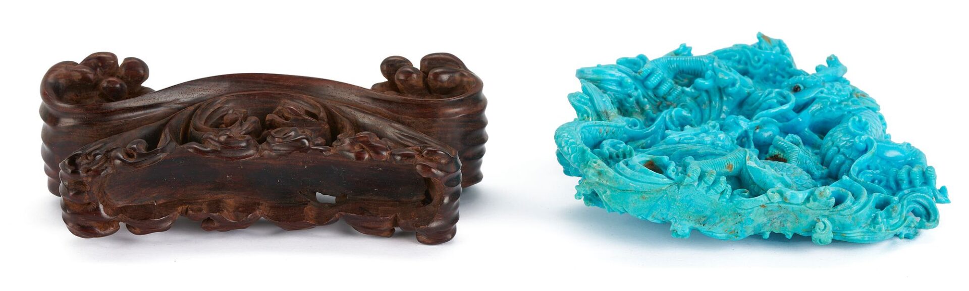 Lot 727: Chinese Carved Turquoise Dragon Sculpture & Japanese Leather Tobacco Pouch