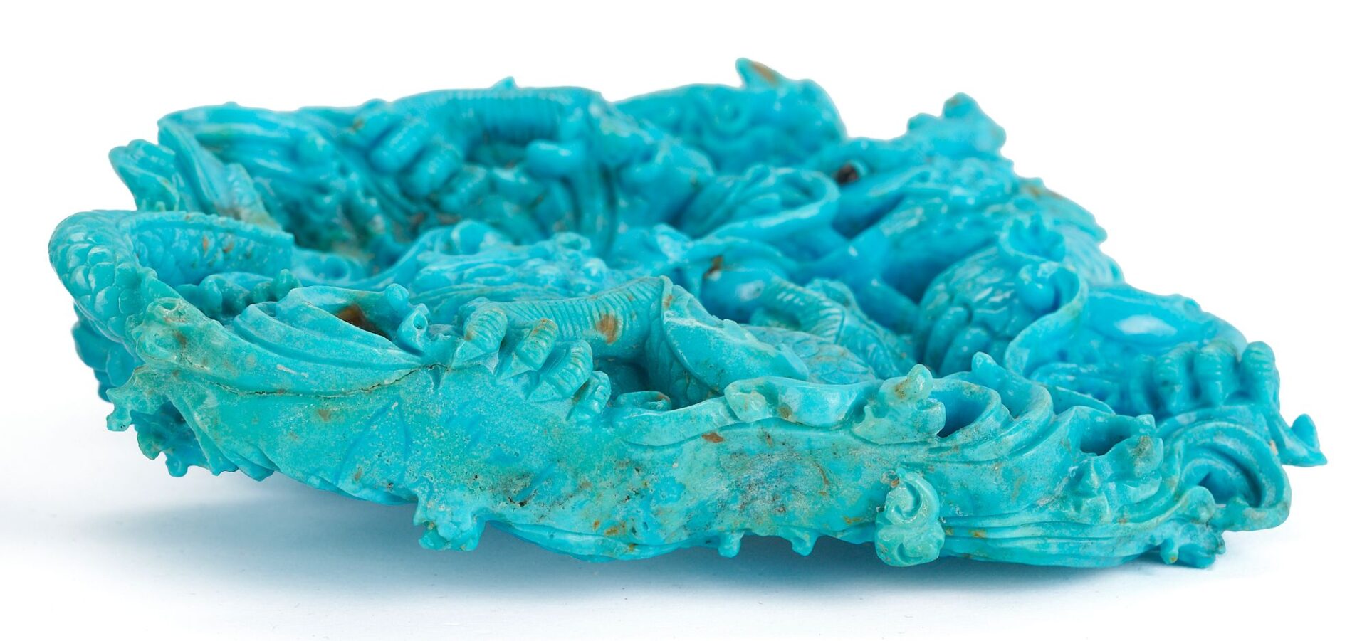 Lot 727: Chinese Carved Turquoise Dragon Sculpture & Japanese Leather Tobacco Pouch