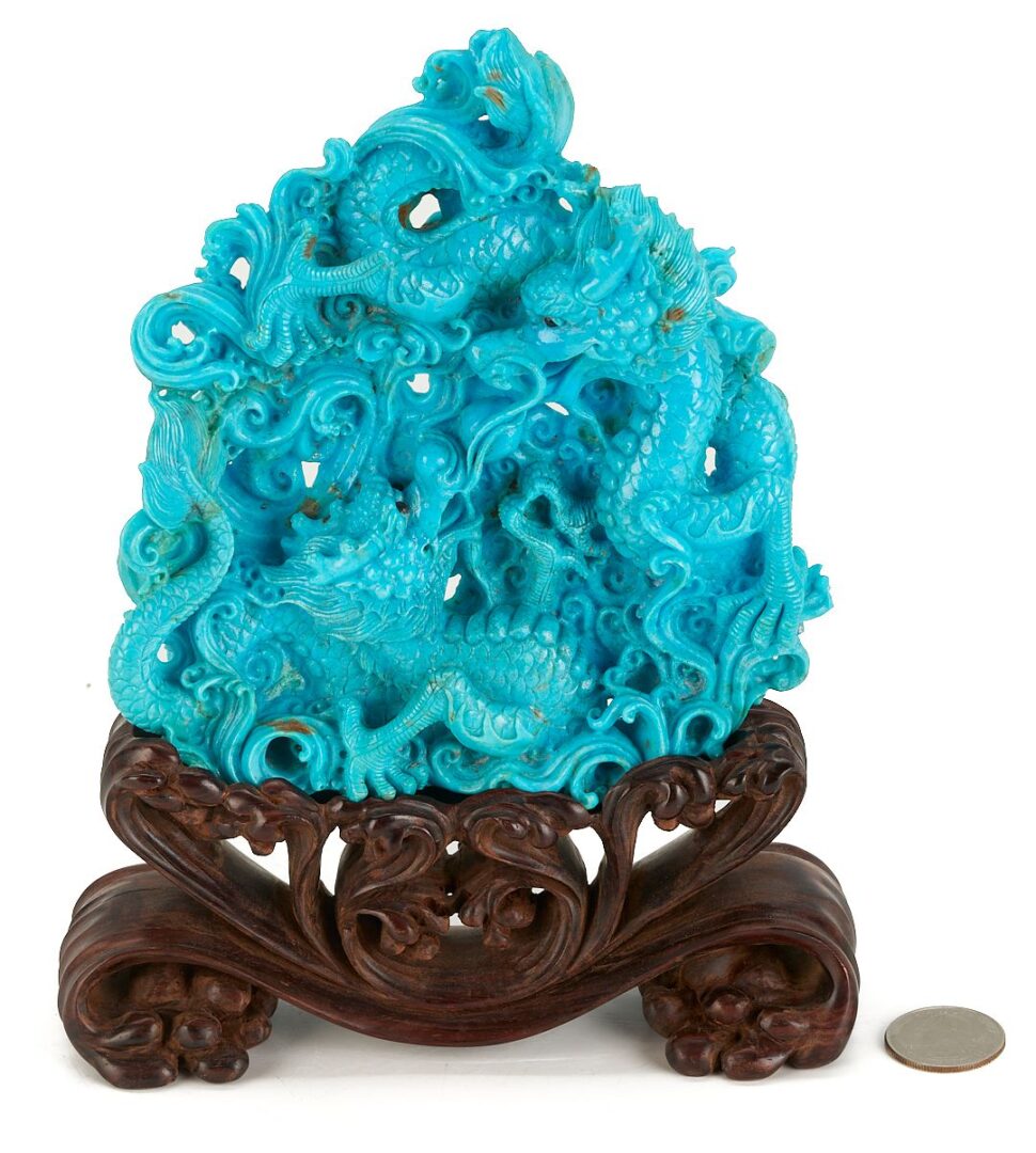 Lot 727: Chinese Carved Turquoise Dragon Sculpture & Japanese Leather Tobacco Pouch