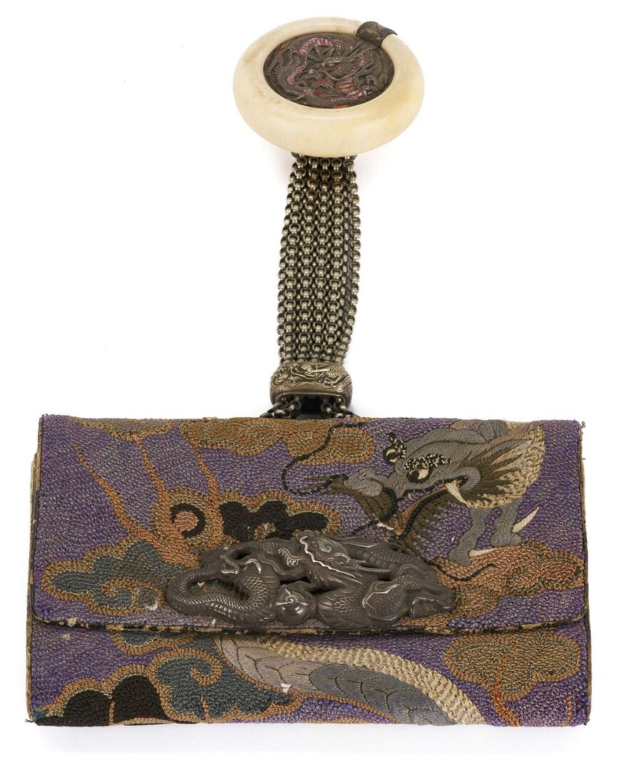 Lot 727: Chinese Carved Turquoise Dragon Sculpture & Japanese Leather Tobacco Pouch