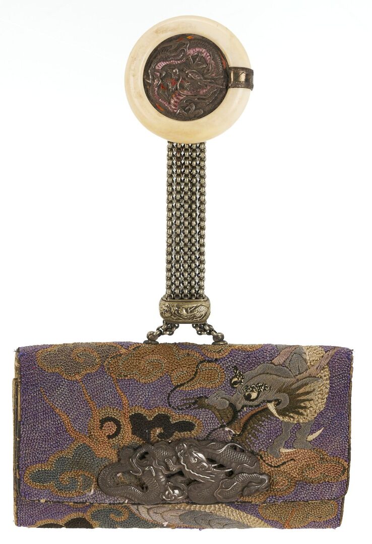 Lot 727: Chinese Carved Turquoise Dragon Sculpture & Japanese Leather Tobacco Pouch