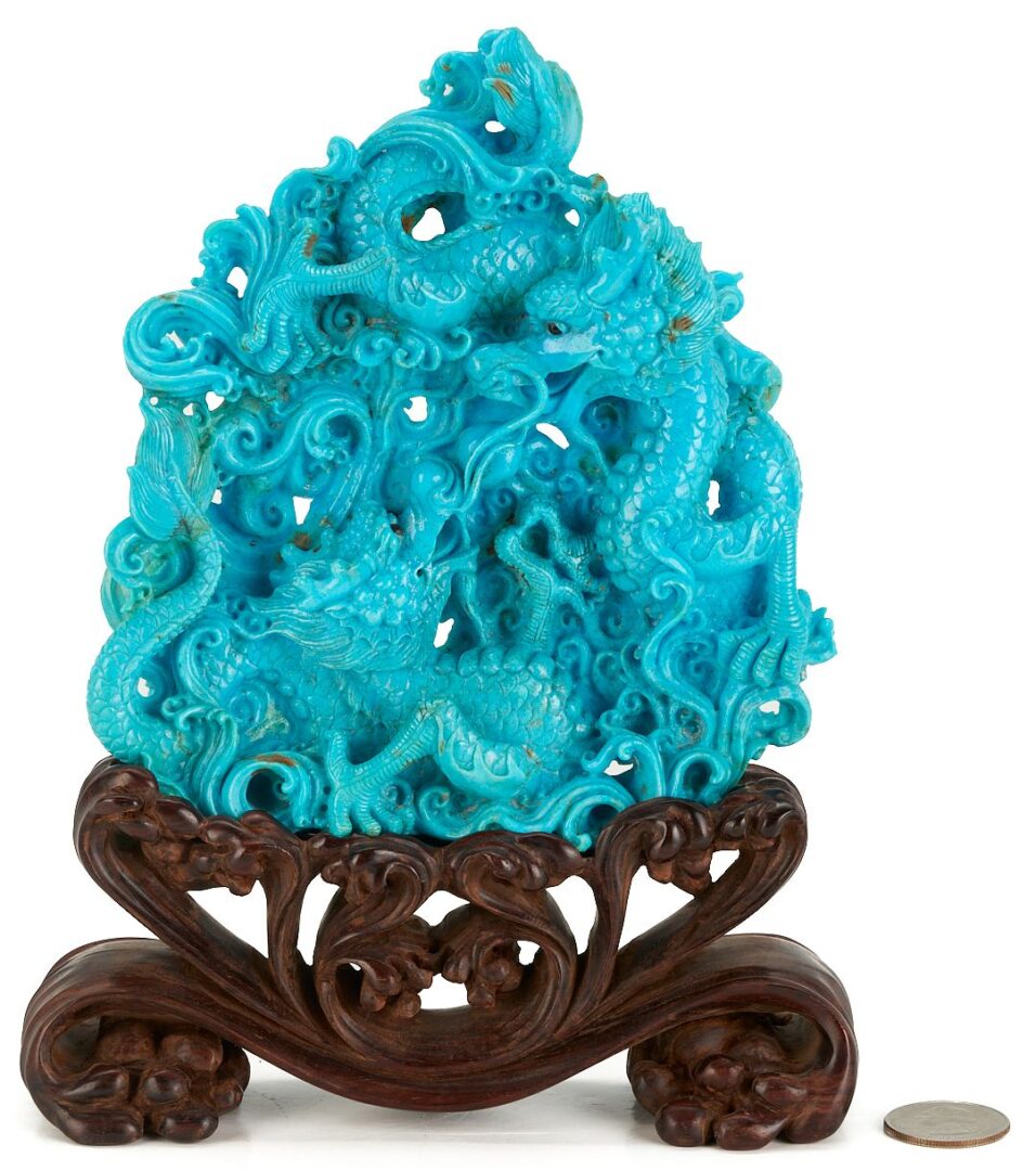 Lot 727: Chinese Carved Turquoise Dragon Sculpture & Japanese Leather Tobacco Pouch