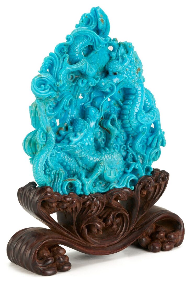 Lot 727: Chinese Carved Turquoise Dragon Sculpture & Japanese Leather Tobacco Pouch