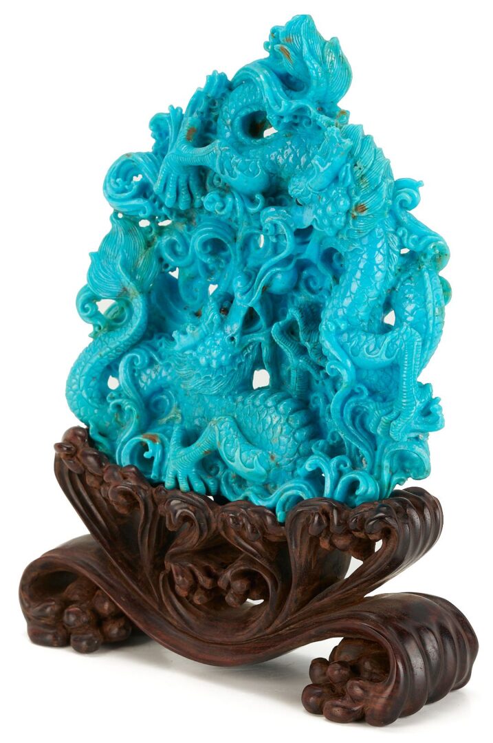 Lot 727: Chinese Carved Turquoise Dragon Sculpture & Japanese Leather Tobacco Pouch