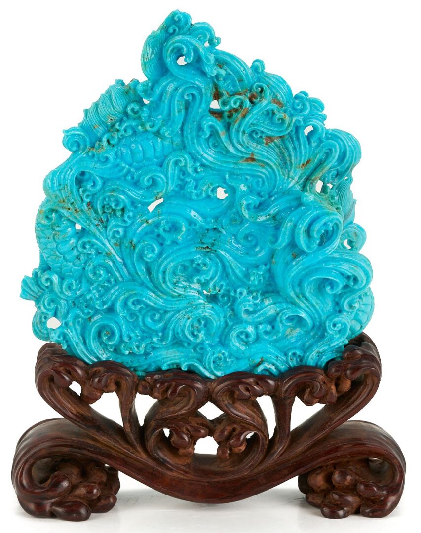 Lot 727: Chinese Carved Turquoise Dragon Sculpture & Japanese Leather Tobacco Pouch