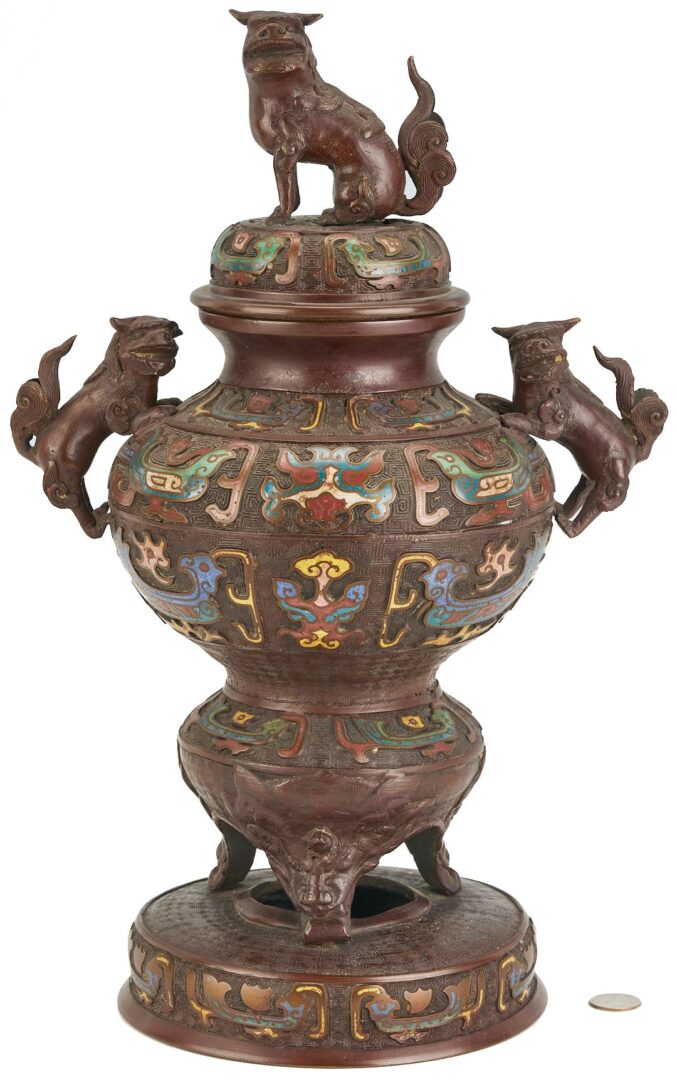 Lot 730: Asian Champleve Bronze Censer, Foo Dog Finial