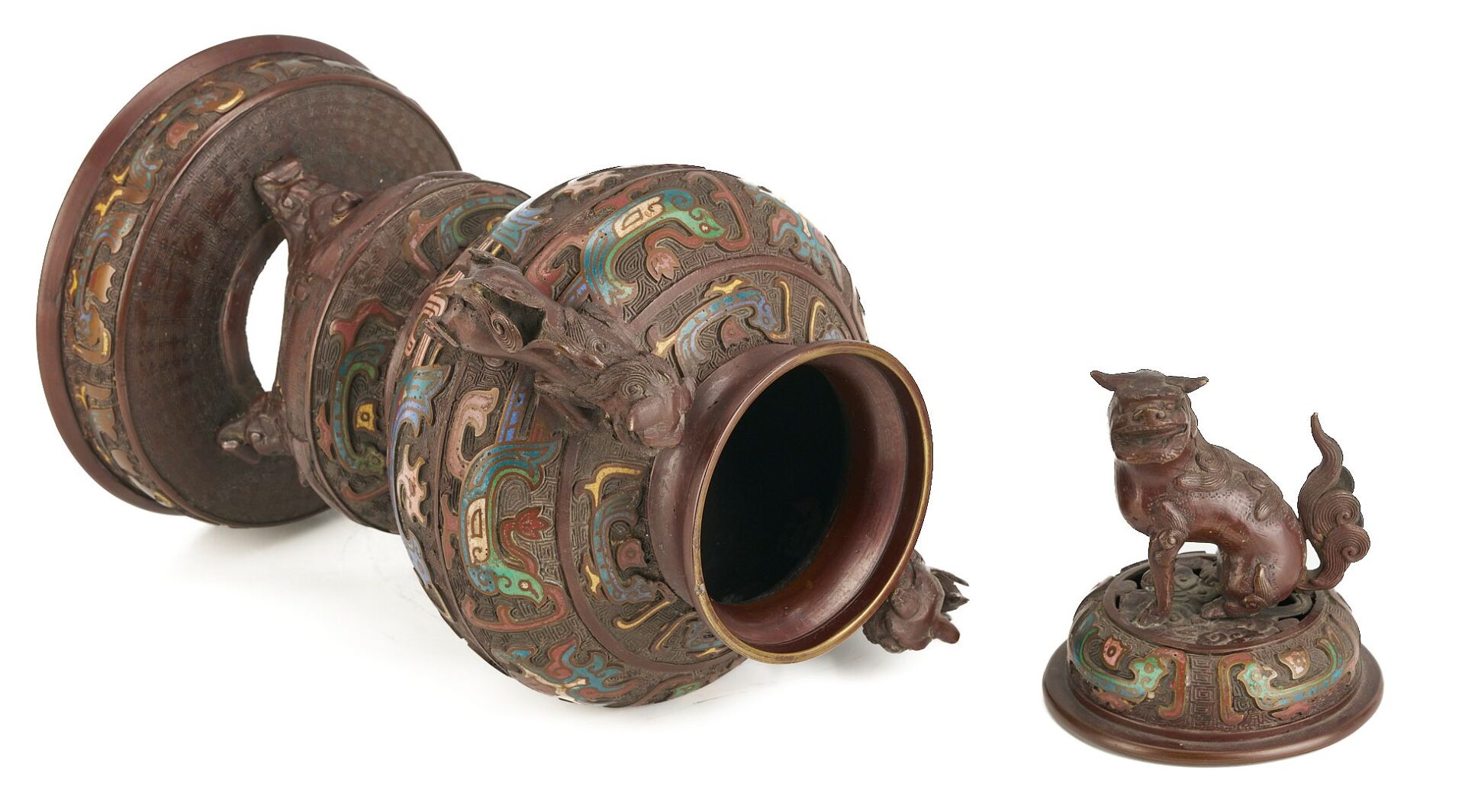 Lot 730: Asian Champleve Bronze Censer, Foo Dog Finial