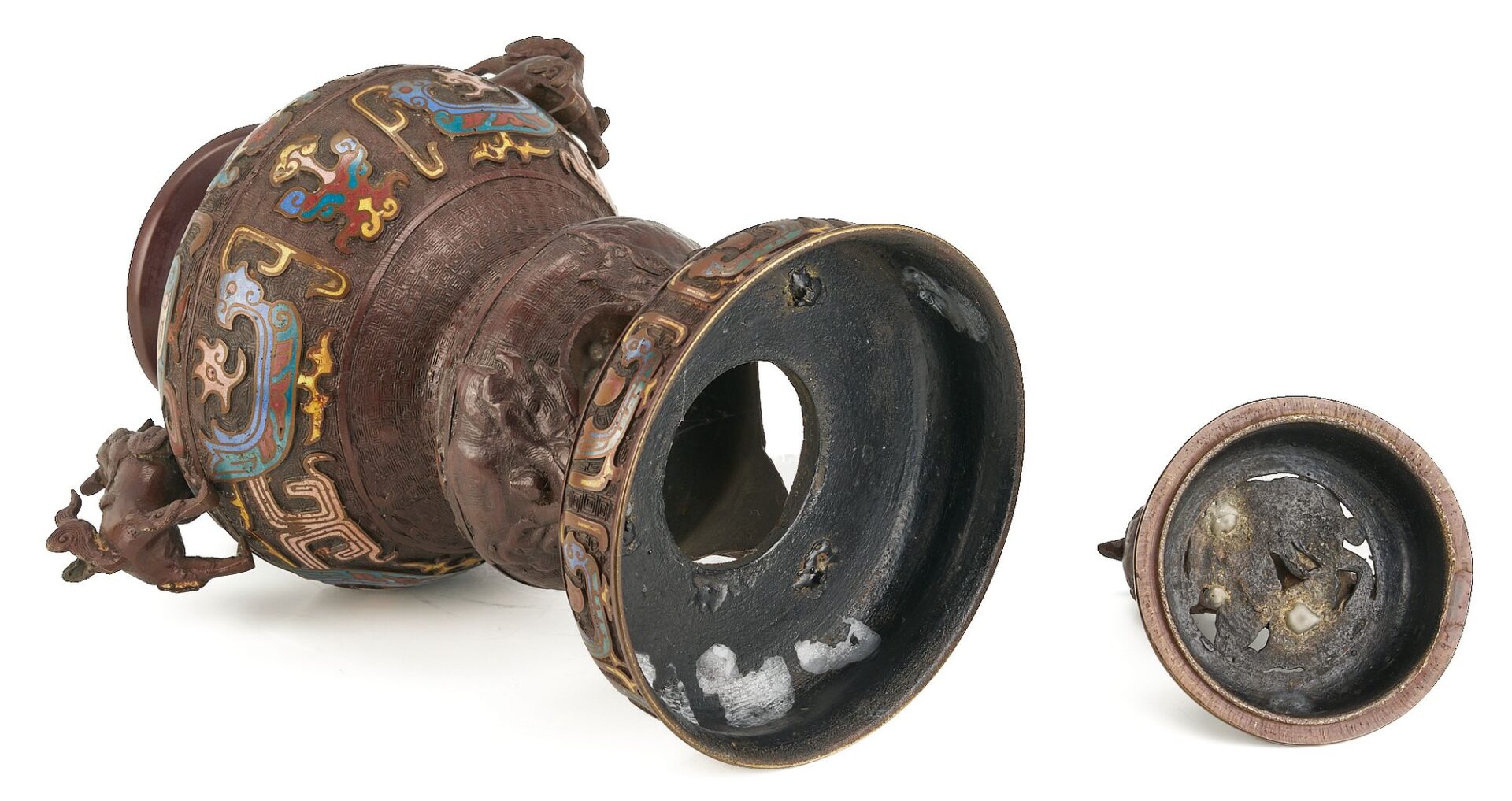 Lot 730: Asian Champleve Bronze Censer, Foo Dog Finial
