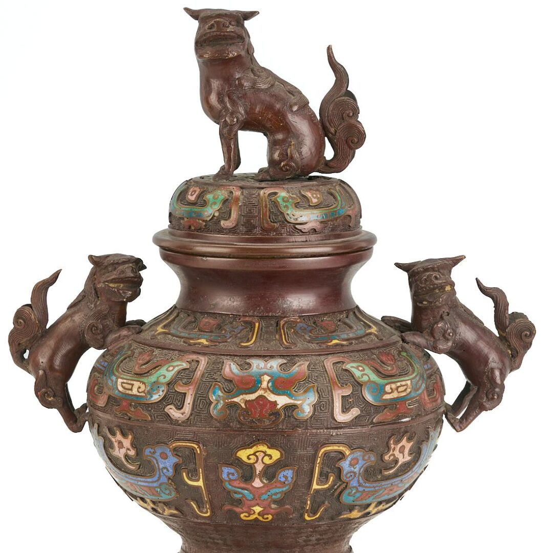 Lot 730: Asian Champleve Bronze Censer, Foo Dog Finial