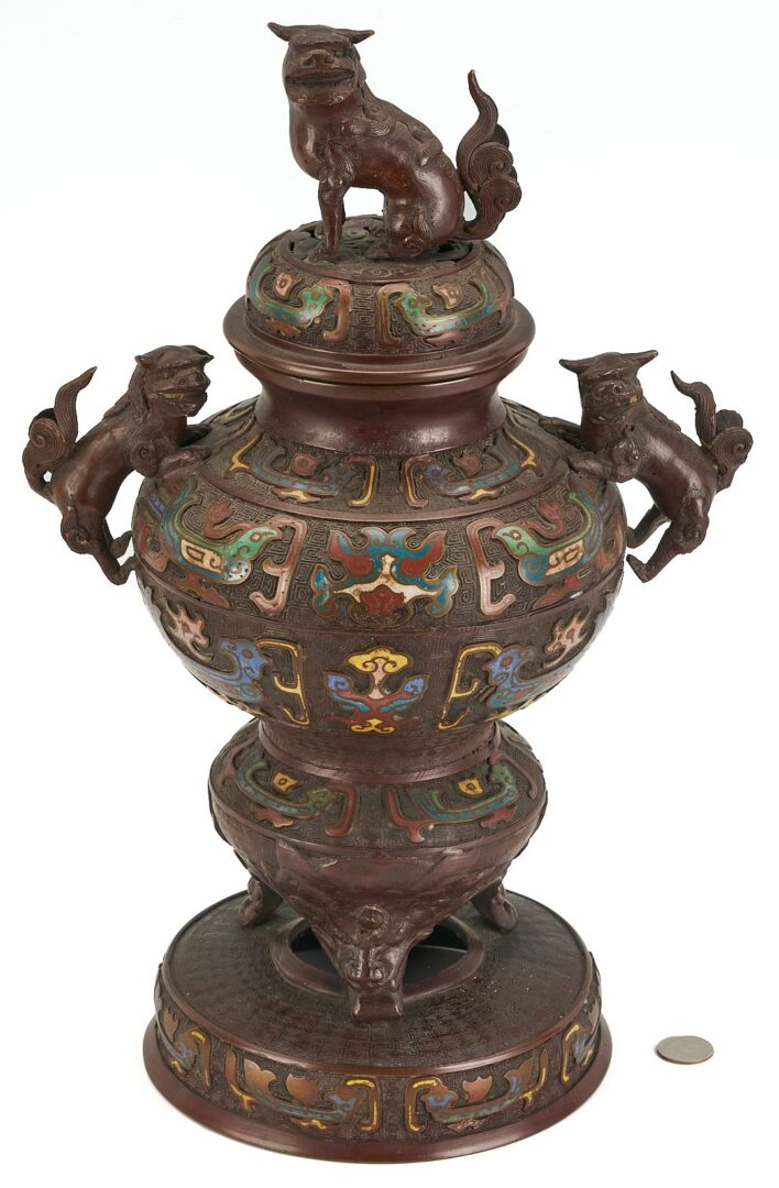 Lot 730: Asian Champleve Bronze Censer, Foo Dog Finial