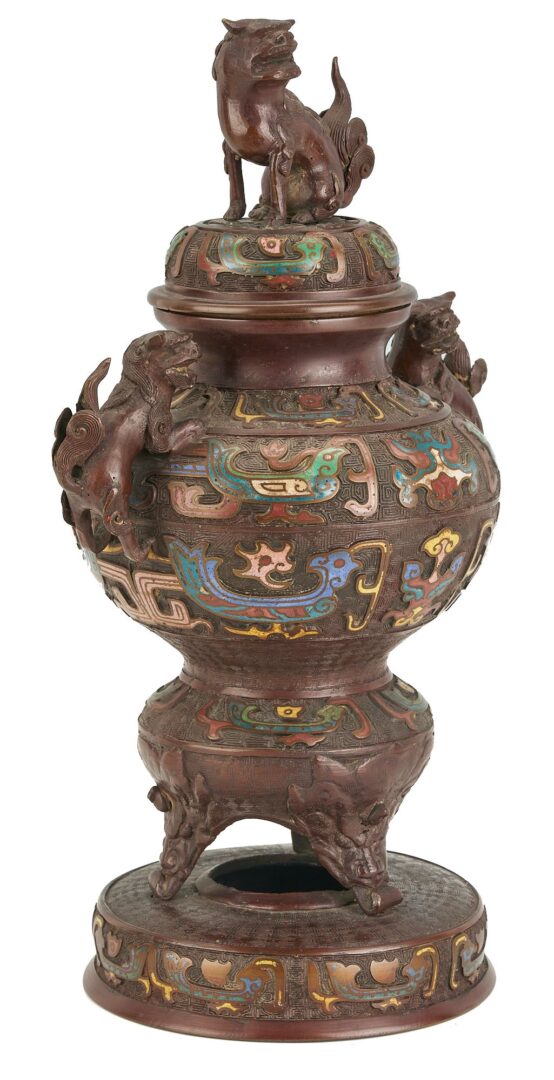 Lot 730: Asian Champleve Bronze Censer, Foo Dog Finial