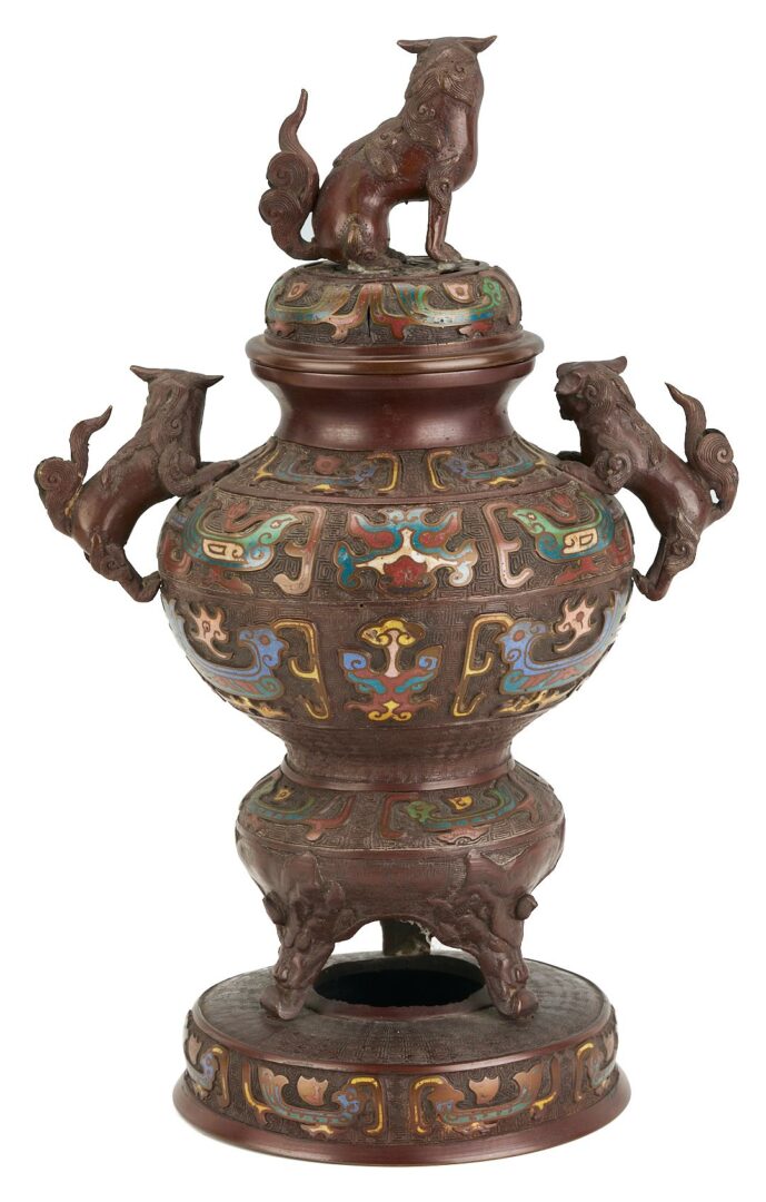 Lot 730: Asian Champleve Bronze Censer, Foo Dog Finial
