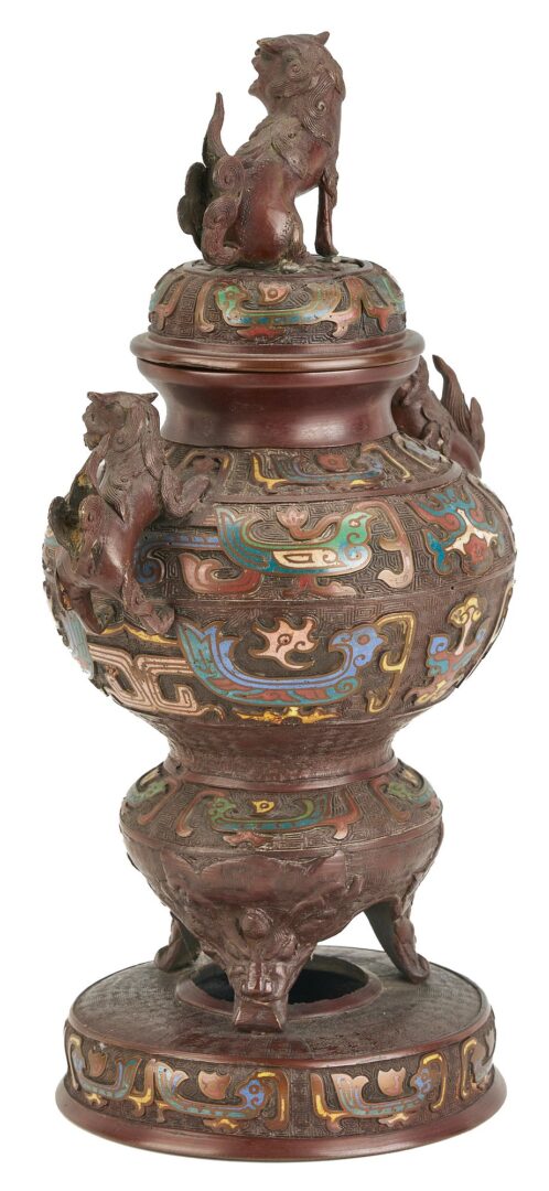 Lot 730: Asian Champleve Bronze Censer, Foo Dog Finial