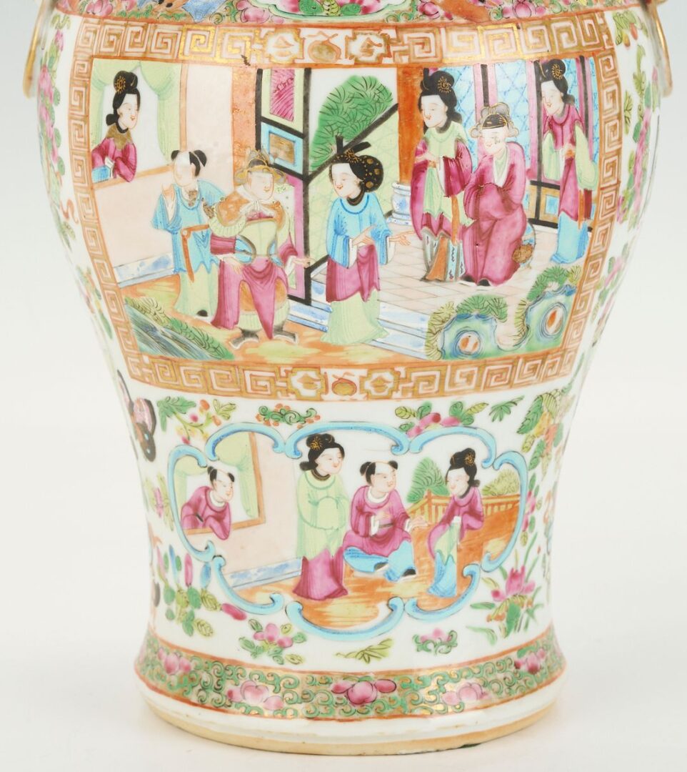 Lot 732: Pair of Chinese Rose Medallion Lidded Urns, Foo Dog Handles