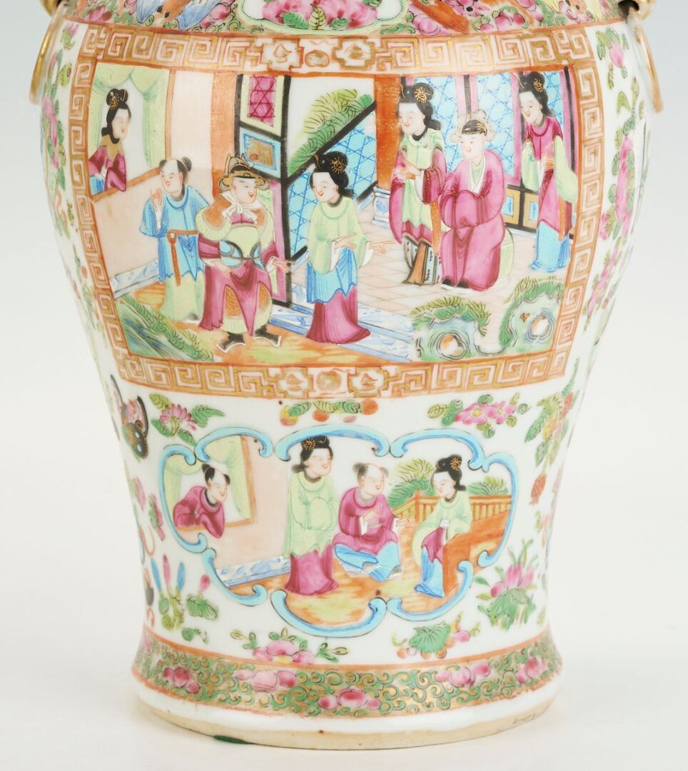 Lot 732: Pair of Chinese Rose Medallion Lidded Urns, Foo Dog Handles