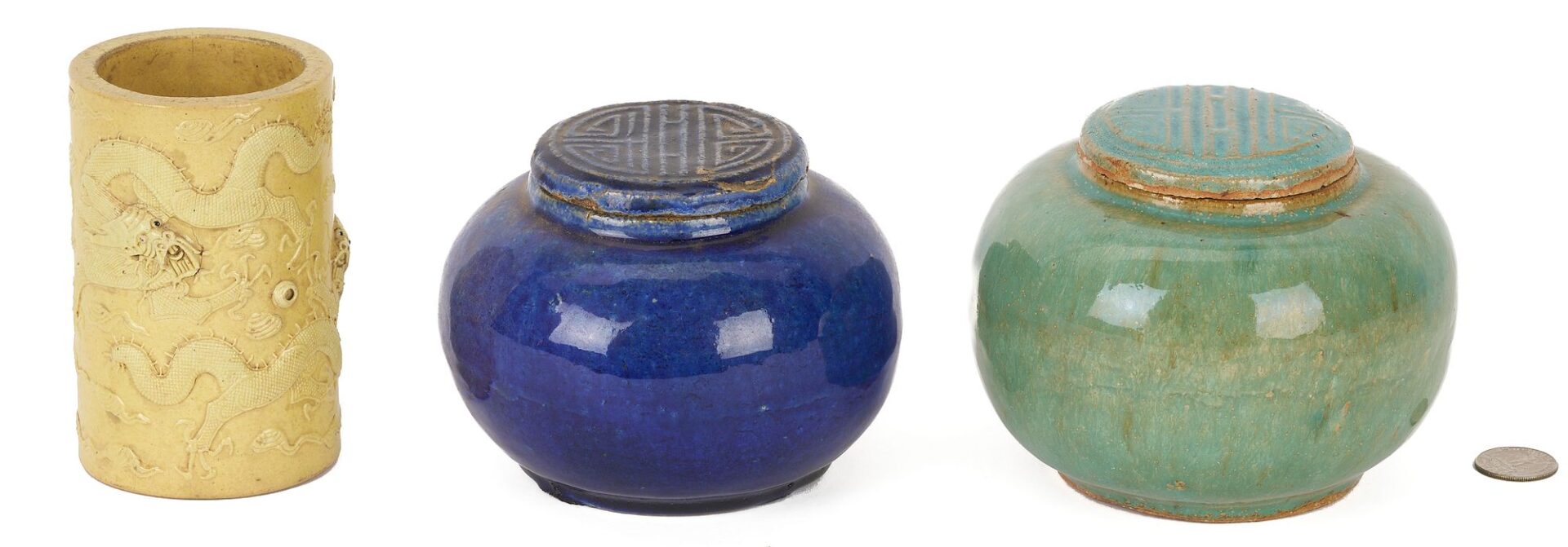 Lot 738: 3 Chinese Polychrome Glaze Ceramic Items, incl. Dragon Brushpot