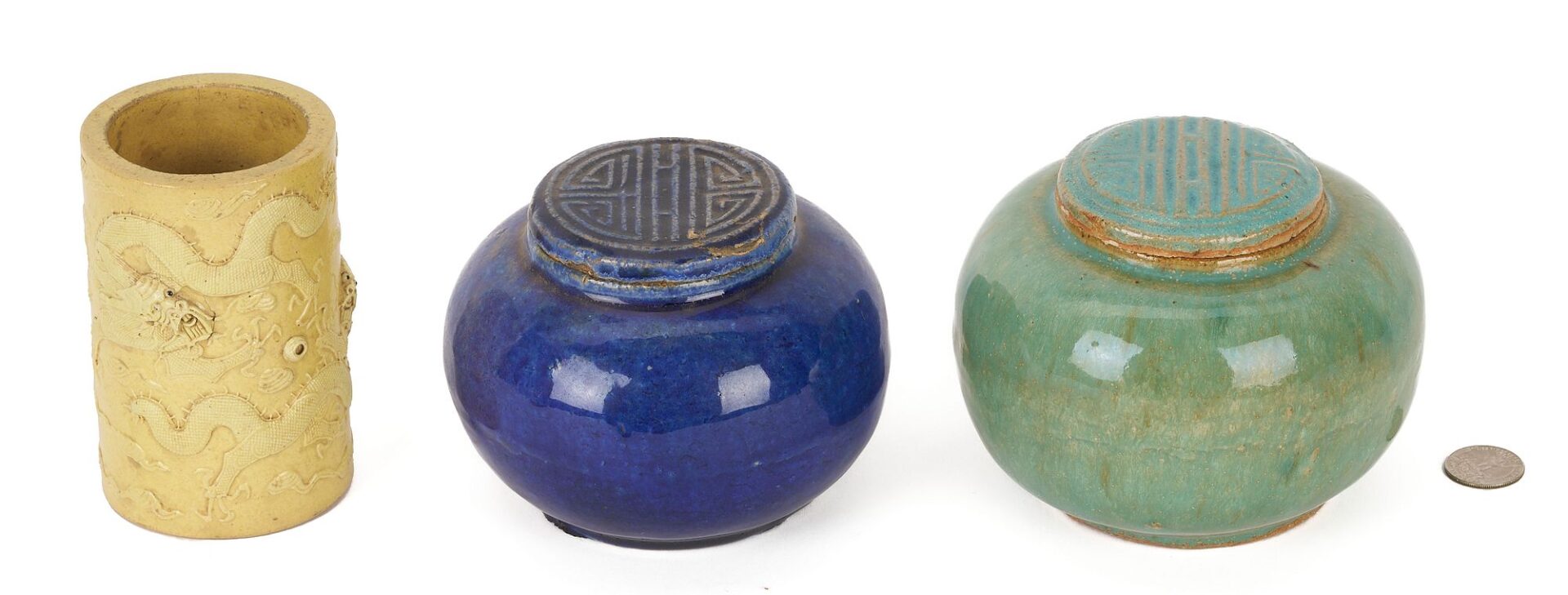 Lot 738: 3 Chinese Polychrome Glaze Ceramic Items, incl. Dragon Brushpot
