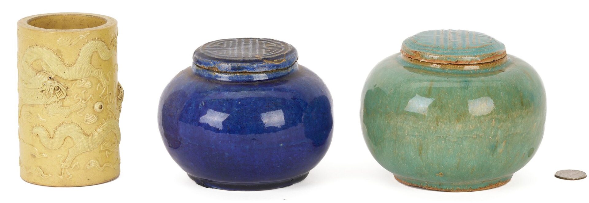Lot 738: 3 Chinese Polychrome Glaze Ceramic Items, incl. Dragon Brushpot