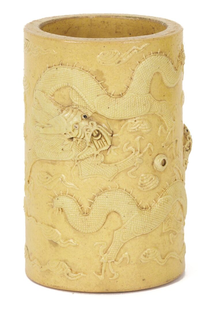 Lot 738: 3 Chinese Polychrome Glaze Ceramic Items, incl. Dragon Brushpot