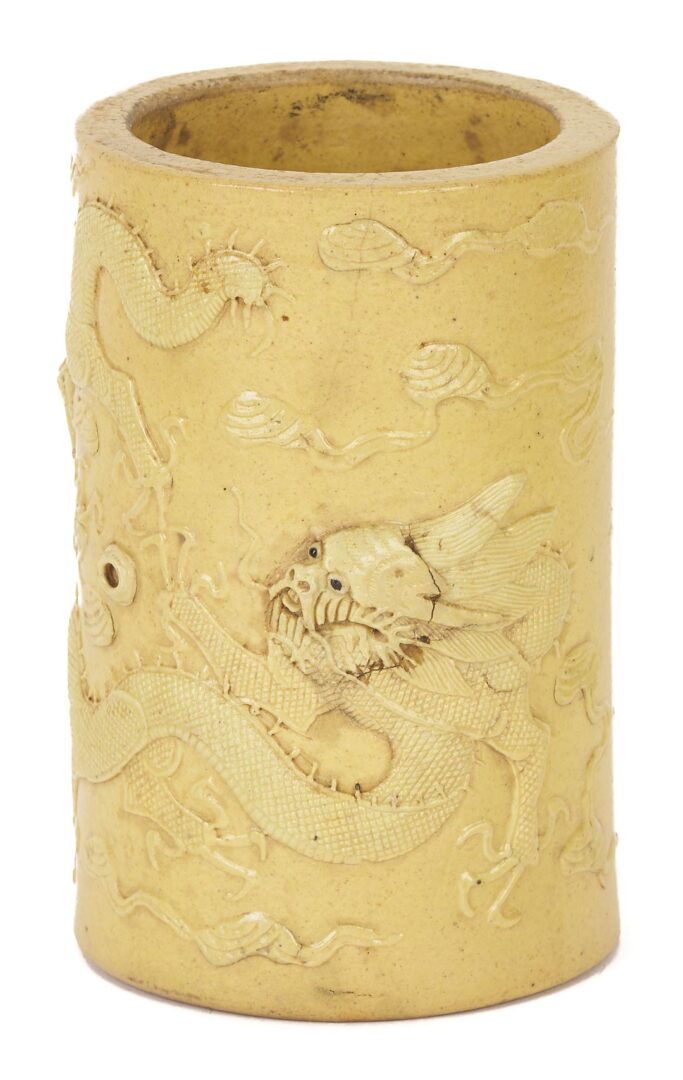 Lot 738: 3 Chinese Polychrome Glaze Ceramic Items, incl. Dragon Brushpot