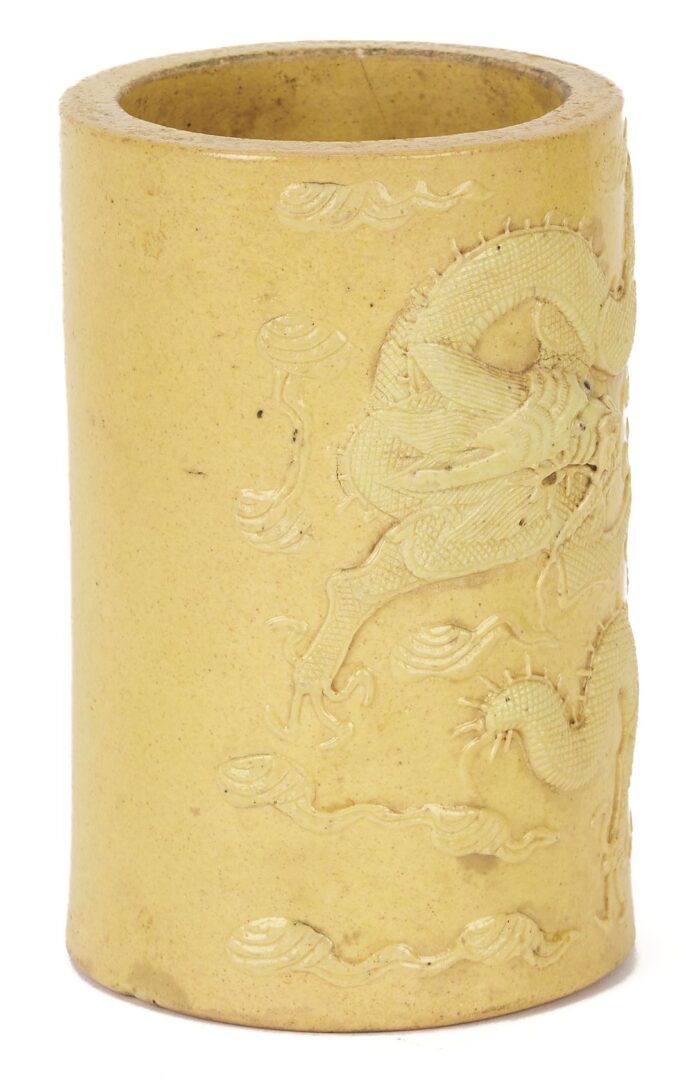 Lot 738: 3 Chinese Polychrome Glaze Ceramic Items, incl. Dragon Brushpot