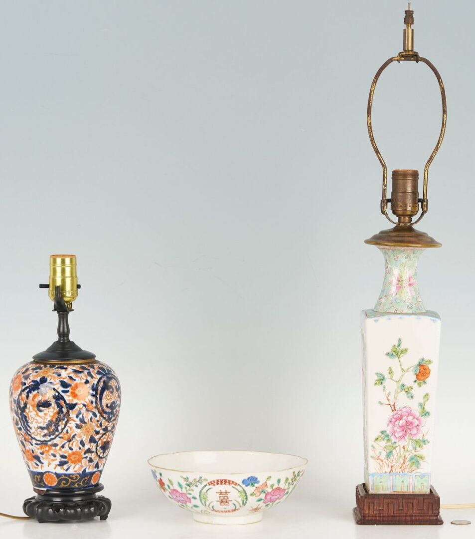 Lot 740: 3  Asian Porcelain Items: Famille Rose Bowl & 2 Table Lamps