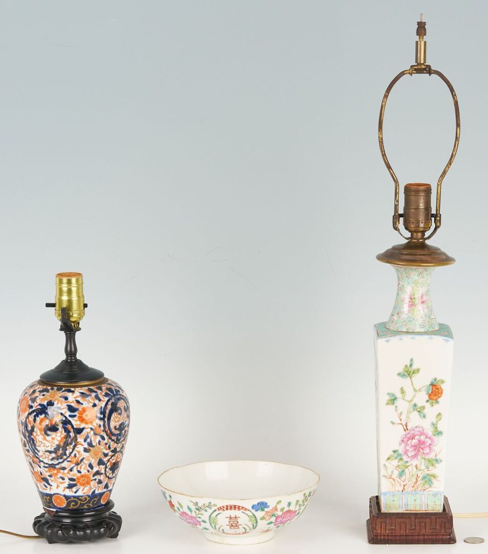 Lot 740: 3  Asian Porcelain Items: Famille Rose Bowl & 2 Table Lamps