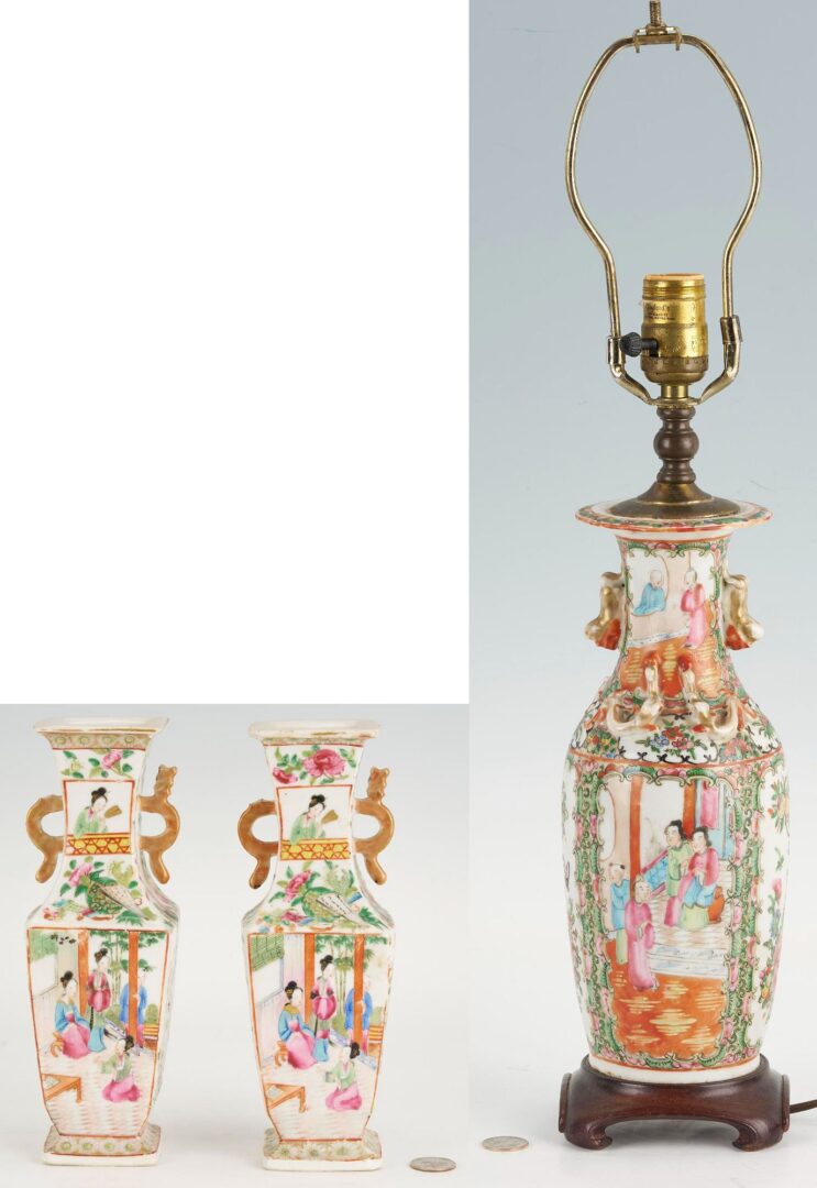Lot 747: Pr. of Chinese  Famille Rose Porcelain Vases & Rose Medallion Lamp