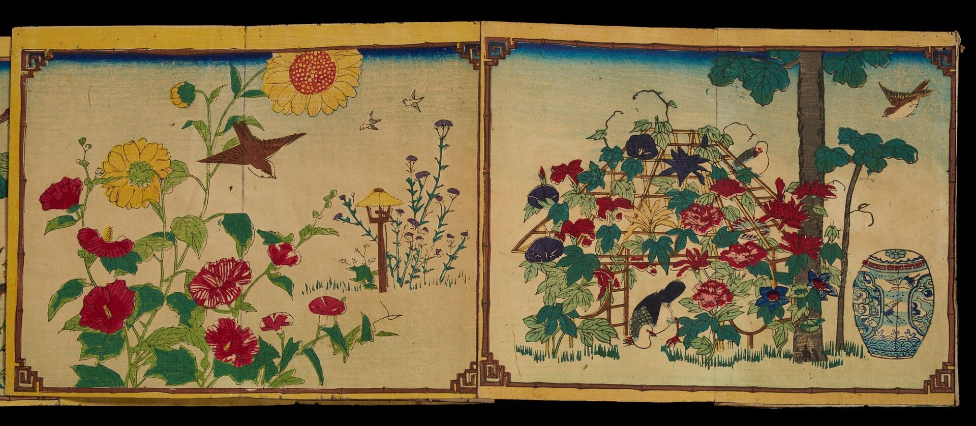 Lot 752: Scroll of Woodblock Prints Incl. Utagawa School & Orihon Birds & Flowers Book