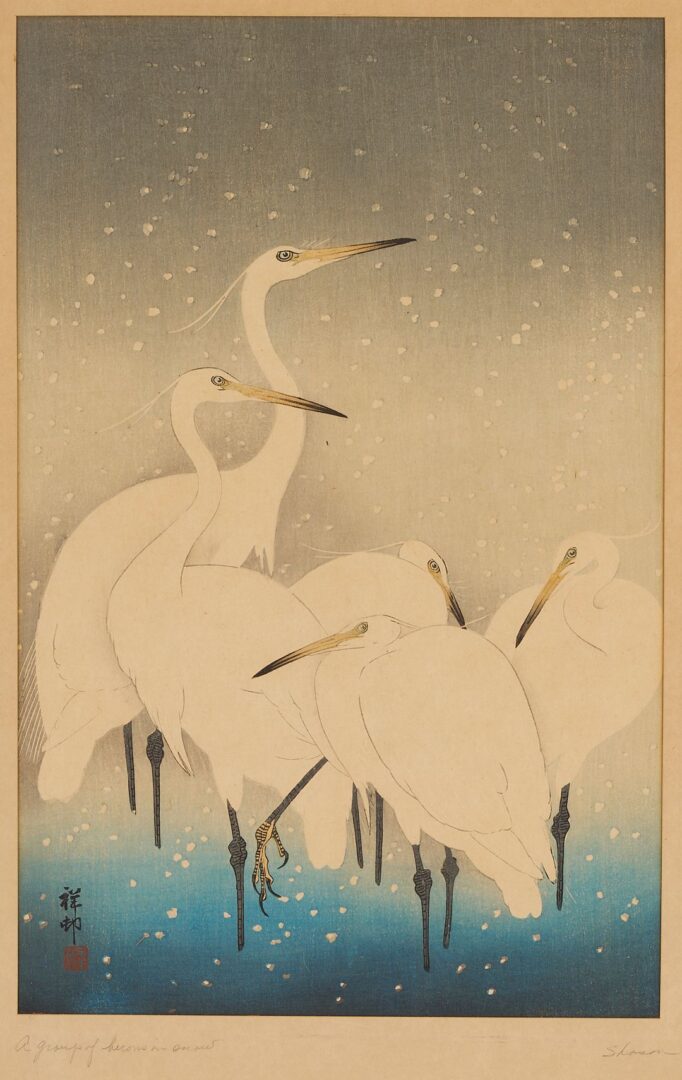 Lot 753: Ohara Koson Japanese Woodblock Print, Egrets in the Snow