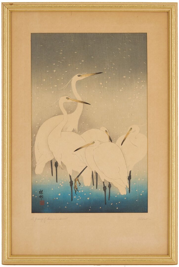 Lot 753: Ohara Koson Japanese Woodblock Print, Egrets in the Snow