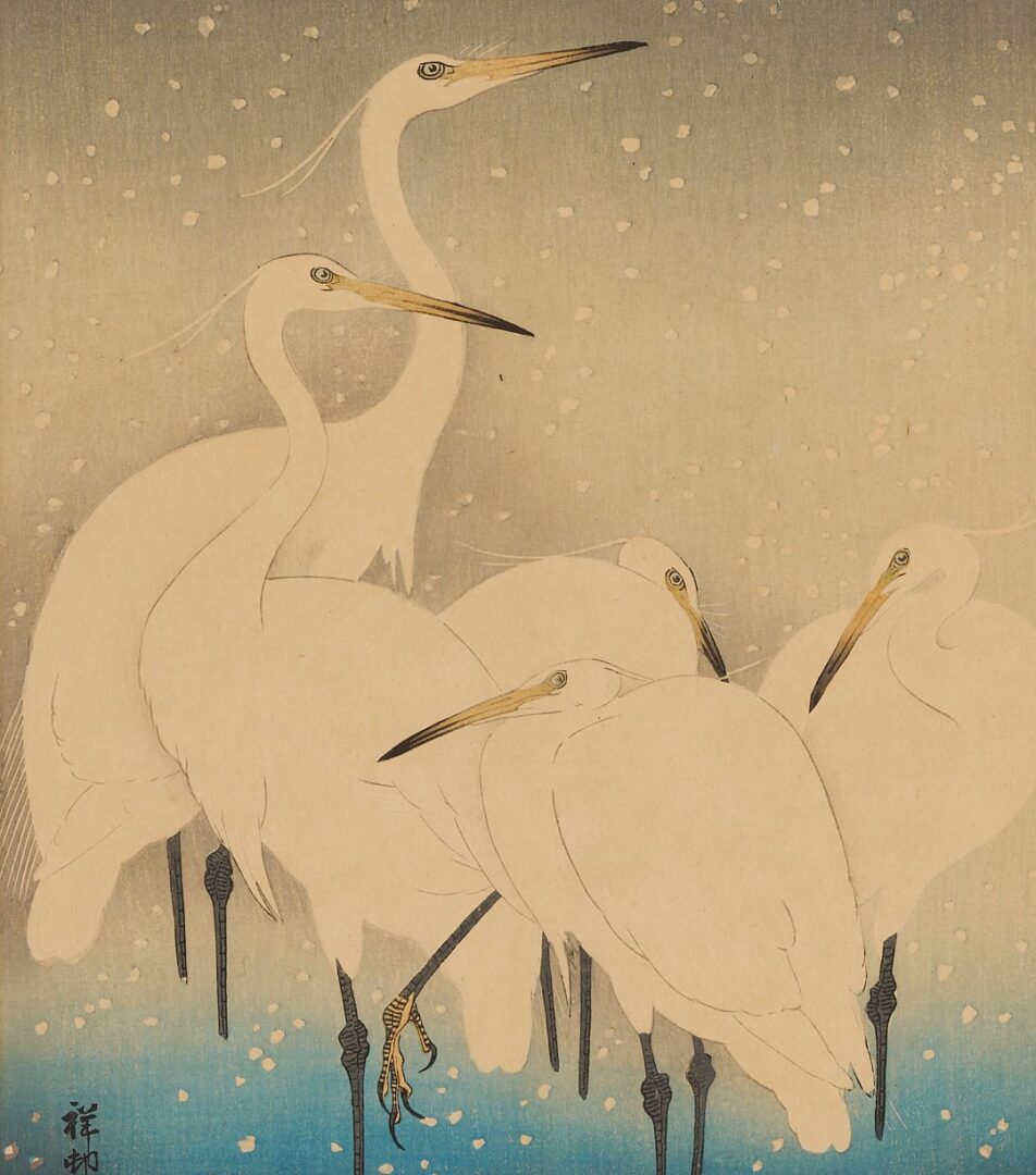 Lot 753: Ohara Koson Japanese Woodblock Print, Egrets in the Snow