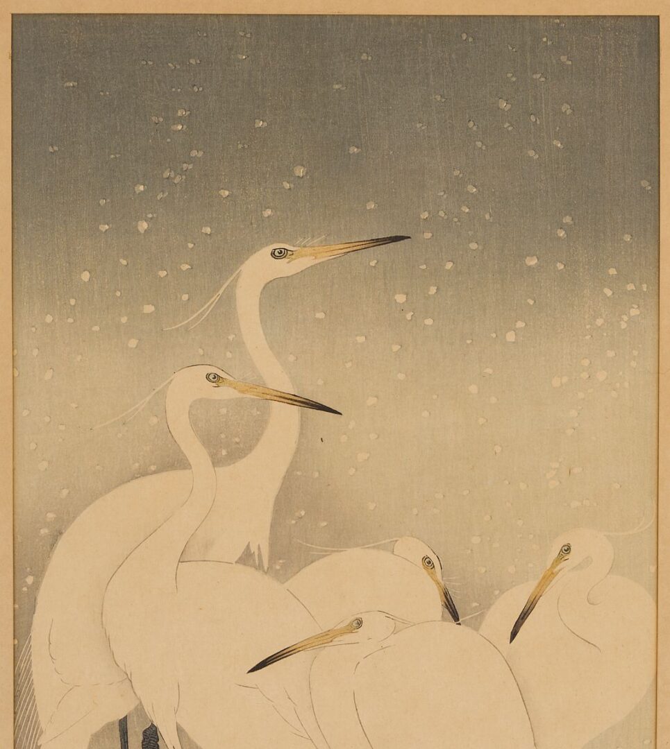 Lot 753: Ohara Koson Japanese Woodblock Print, Egrets in the Snow