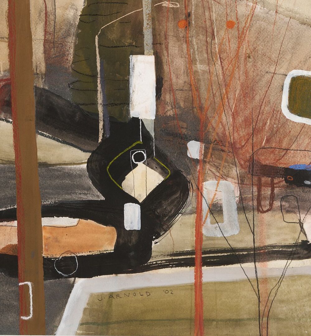 Lot 758: Jean Arnold Mixed Media on Paper Cityscape Painting, Urban Layers