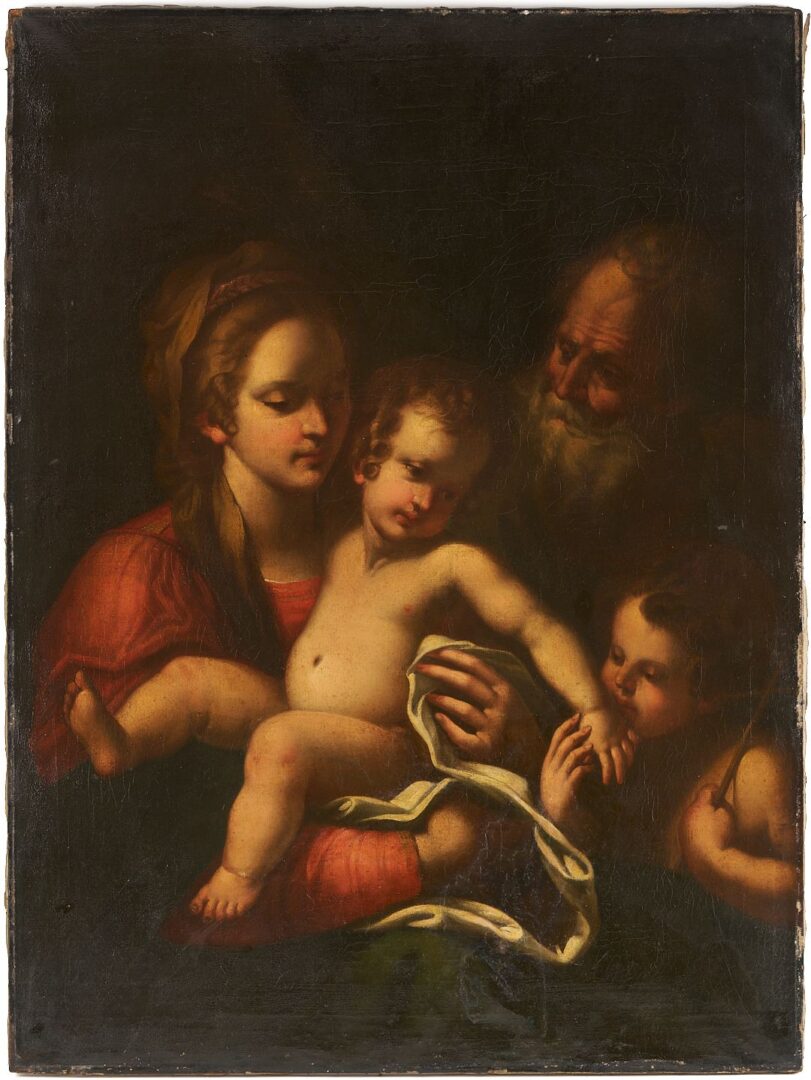 Lot 785: Italian School O/C, Holy Family w/ St John the Baptist