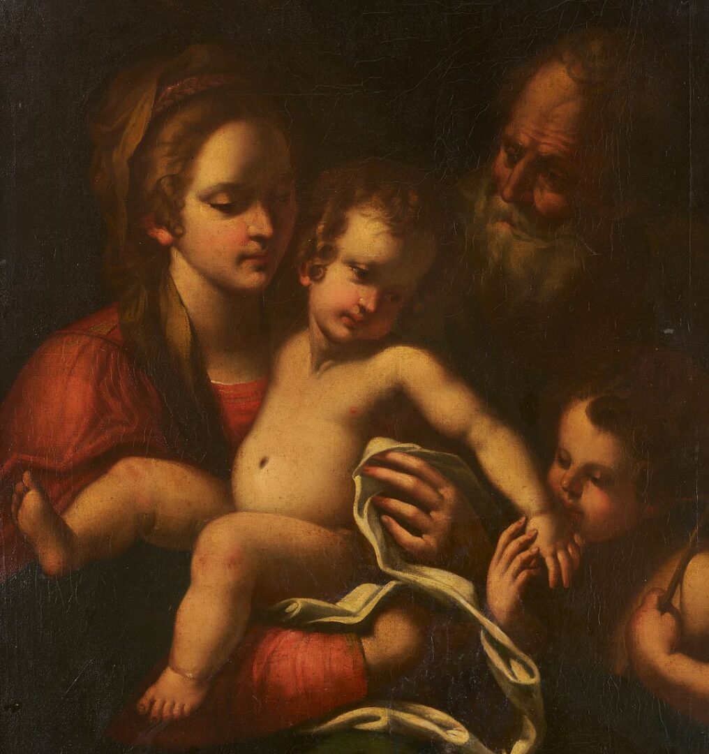 Lot 785: Italian School O/C, Holy Family w/ St John the Baptist