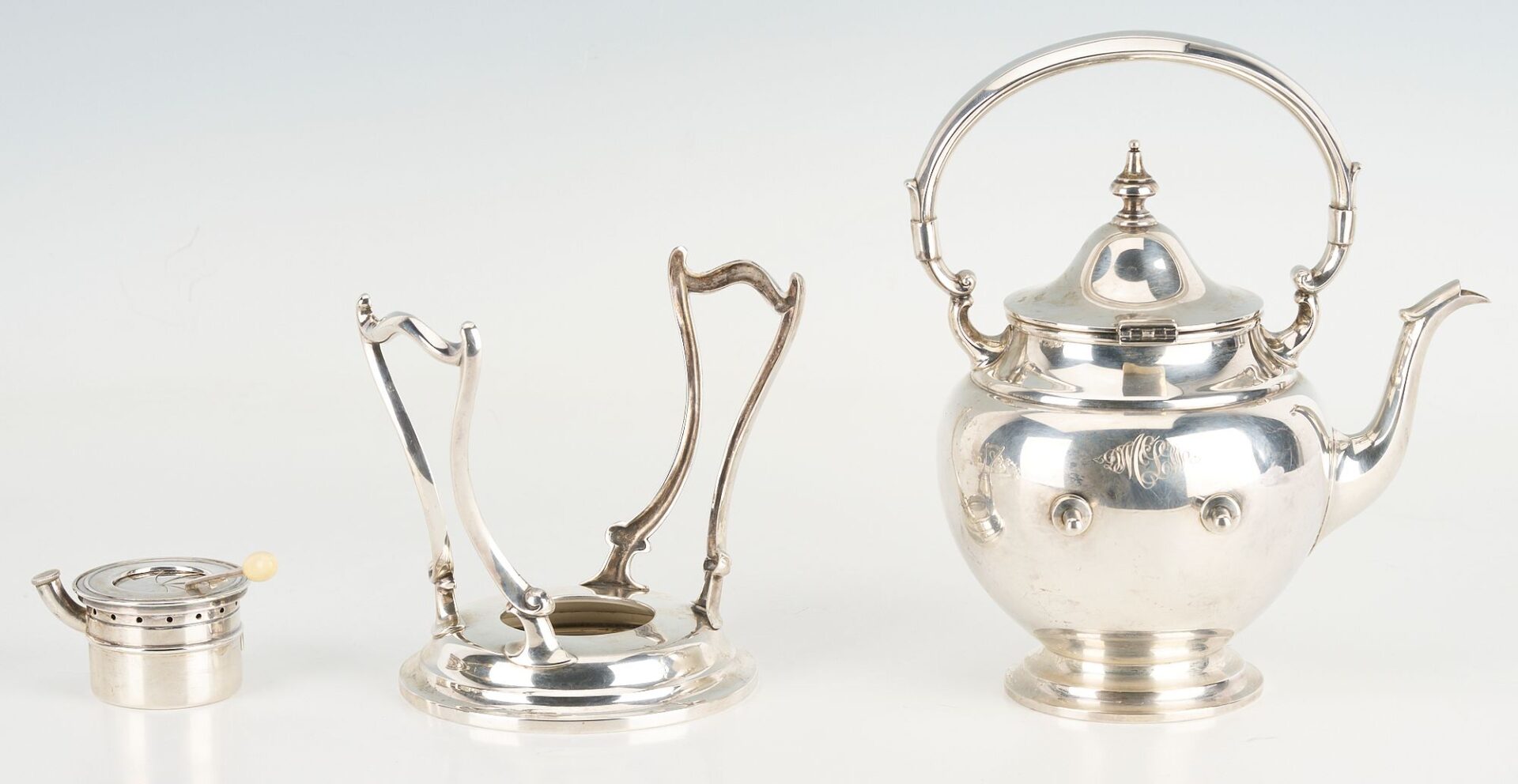 Lot 78: 6 Pc. Gorham Puritan Sterling Tea Set plus Silverplated Tray
