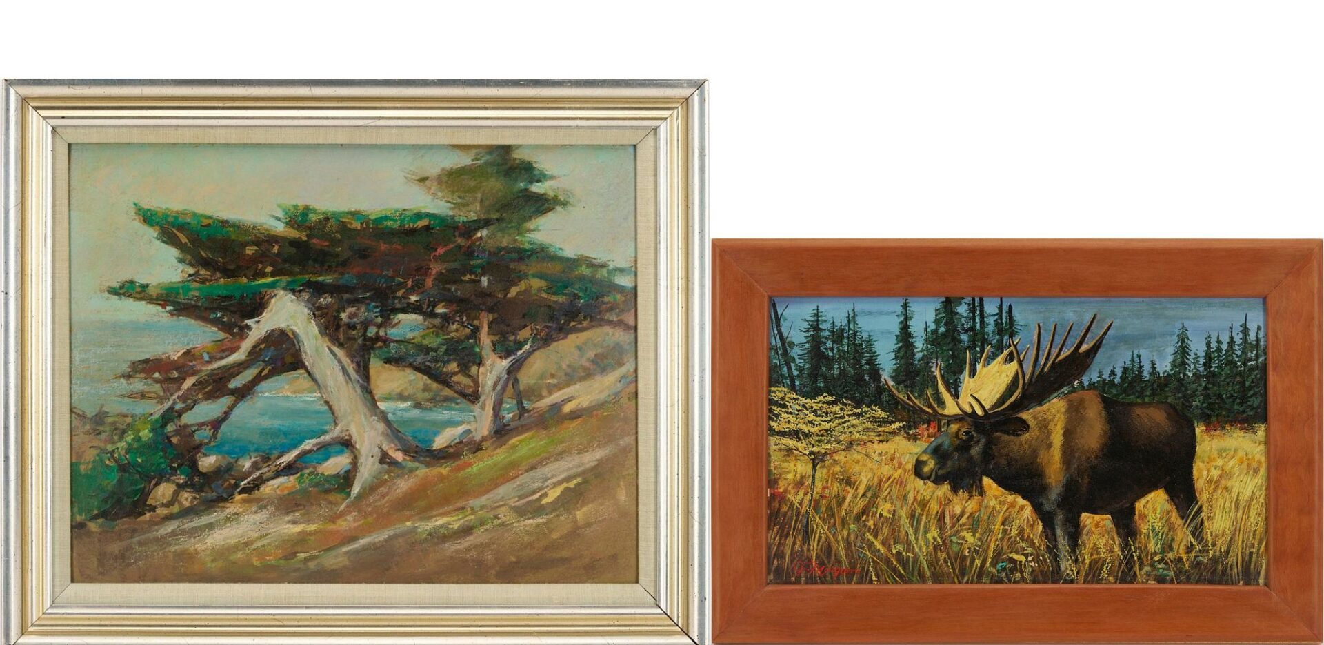 Lot 797: 2 Western Paintings Incl. Stephen Hennessy, Monterey Cypress & Moose