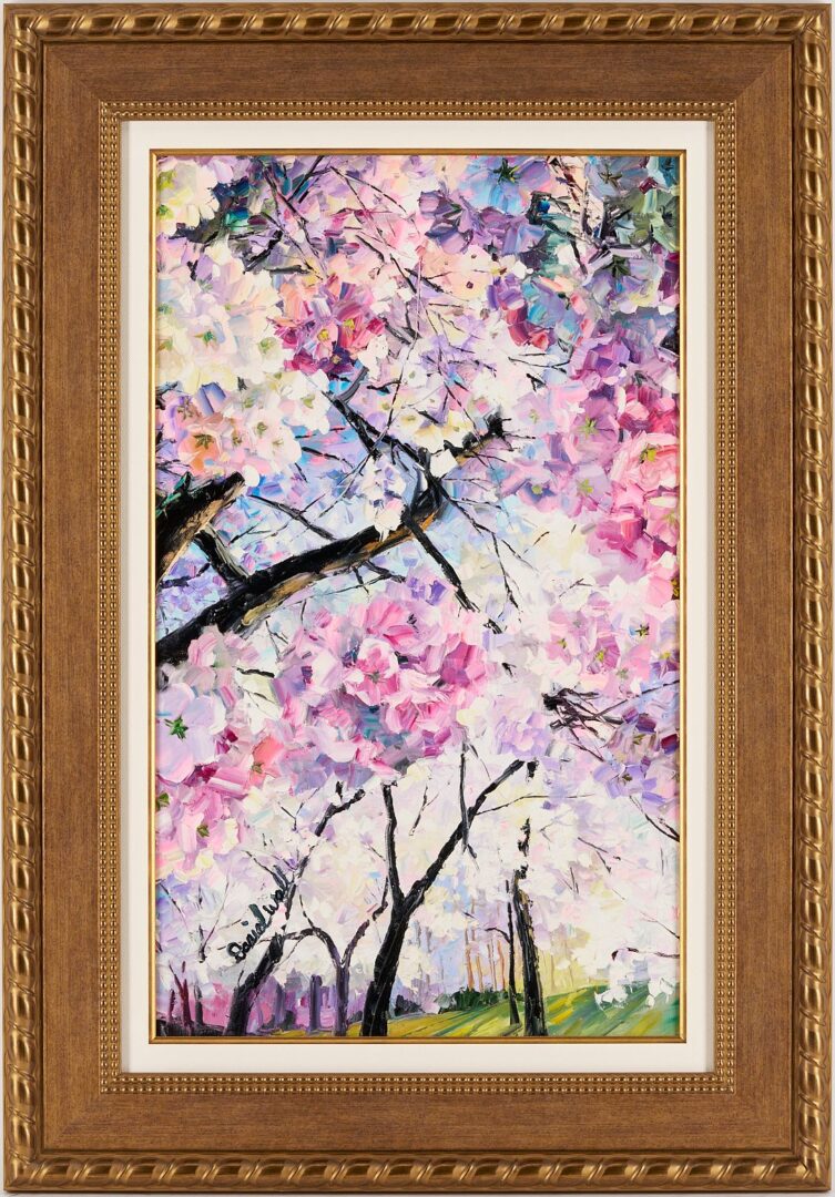 Lot 804: Daniel Wall O/C Painting, Landscape w/ Cherry Blossoms