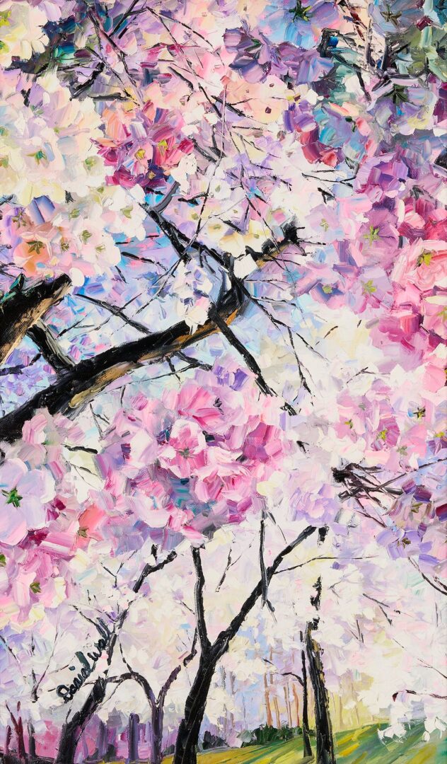 Lot 804: Daniel Wall O/C Painting, Landscape w/ Cherry Blossoms