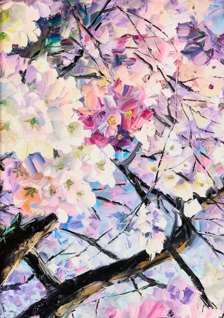 Lot 804: Daniel Wall O/C Painting, Landscape w/ Cherry Blossoms