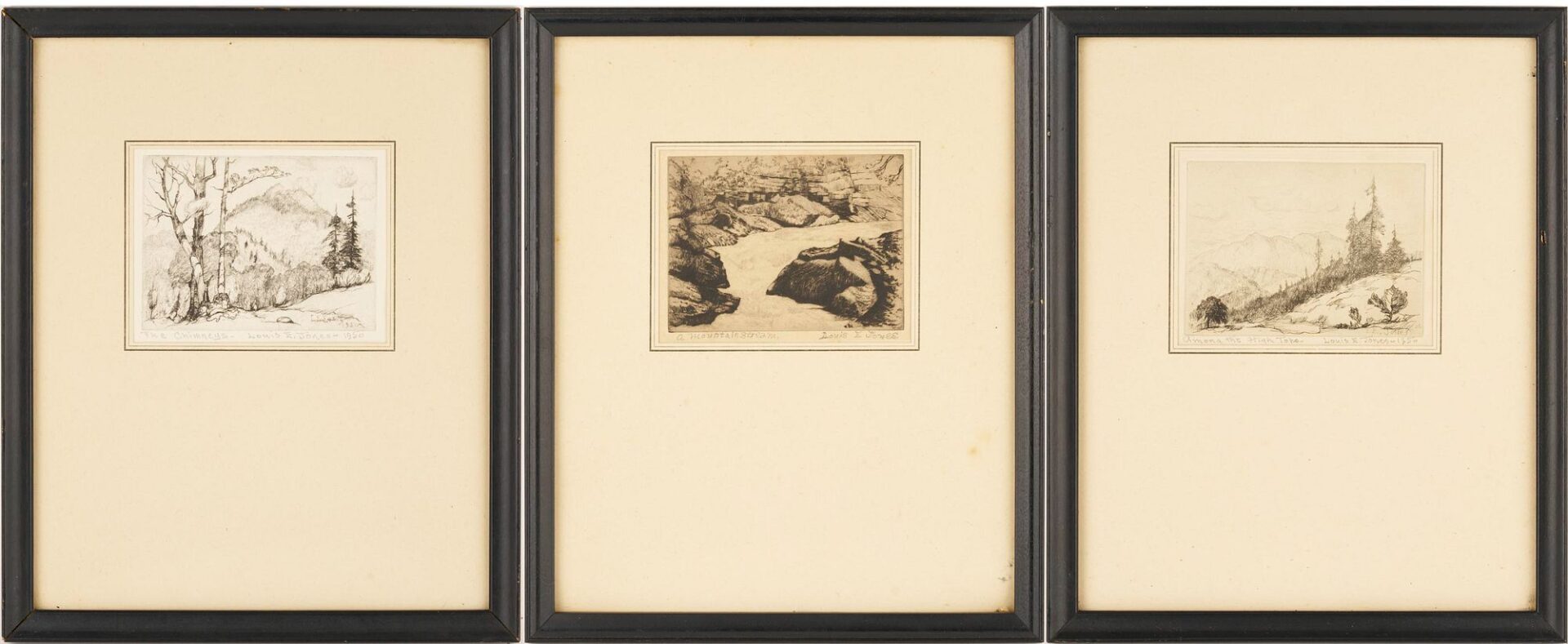 Lot 817: Three Louis Jones Smoky Mountains Etchings; Chimneys, Mountain Stream, & High Tops