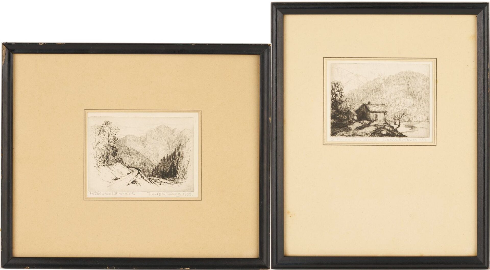 Lot 818: Two Louis Jones Smoky Mountains Etchings, Mountain Home & In The Great Smokies