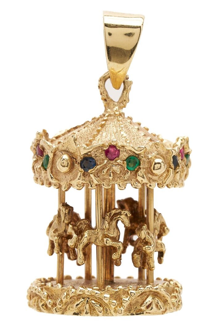 Lot 827: 14K Gold & Gemstone Carousel Pendant
