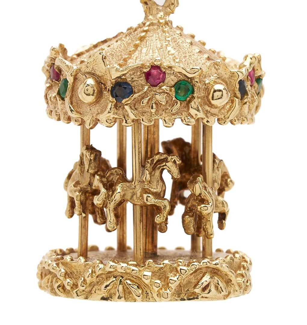 Lot 827: 14K Gold & Gemstone Carousel Pendant