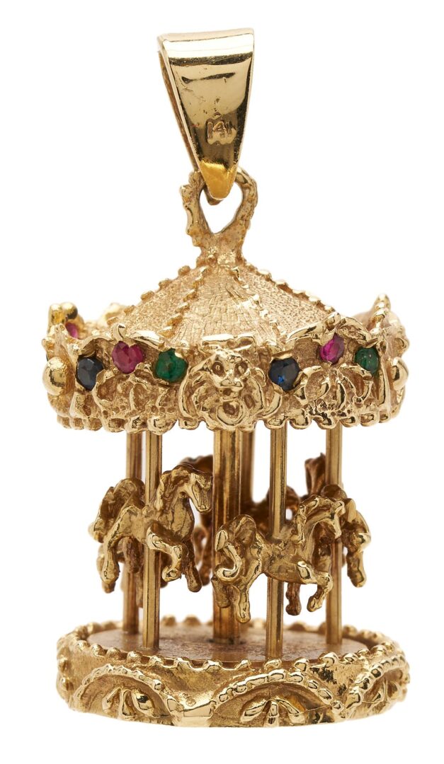 Lot 827: 14K Gold & Gemstone Carousel Pendant