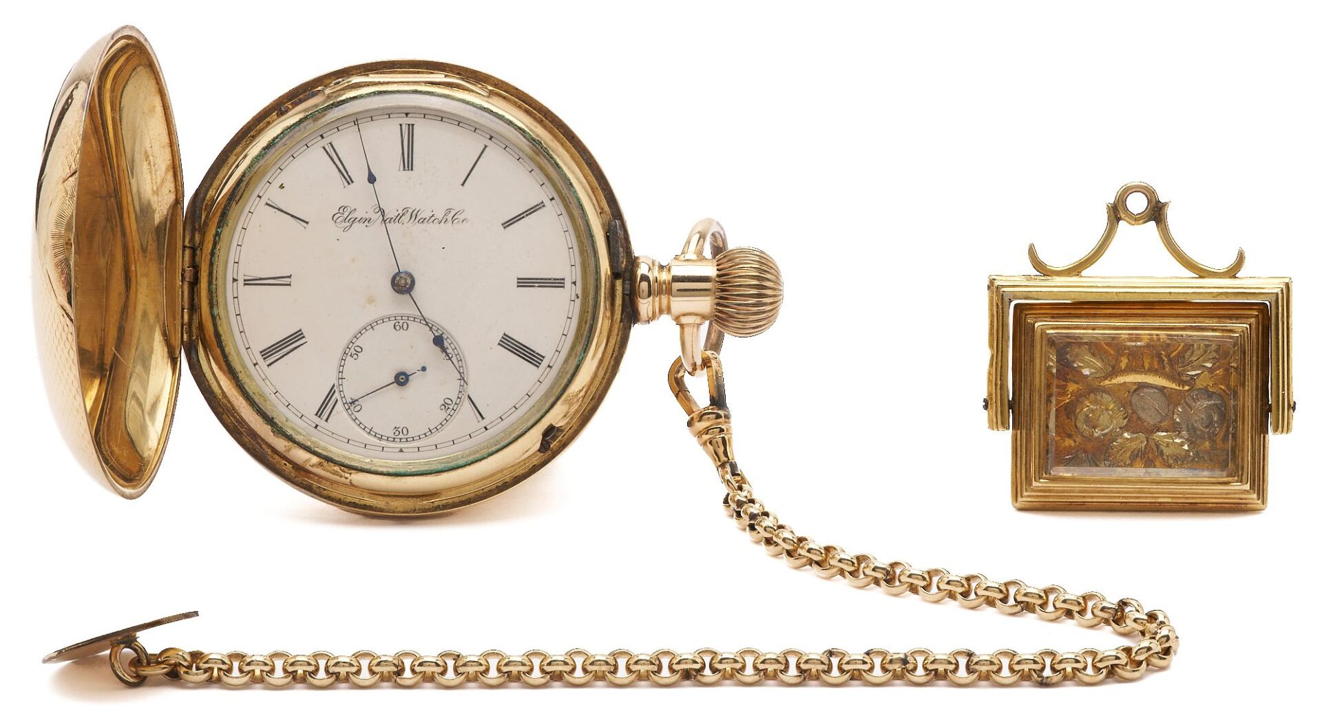 Lot 844: Elgin Pocketwatch w/ Chain and 18K Gold Spinner Fob